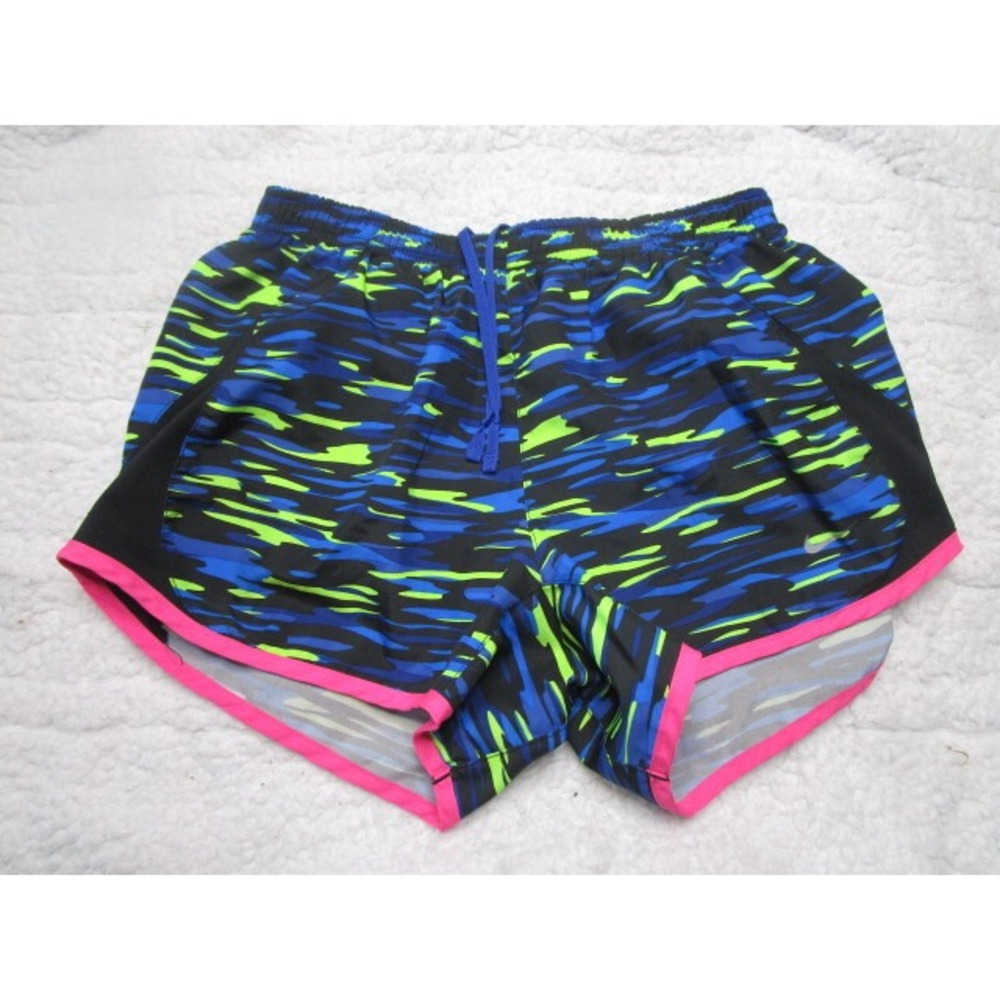 Nike Dri Fit Womens Athletic Running Shorts Lined XS Blue Yellow With Pink Edge